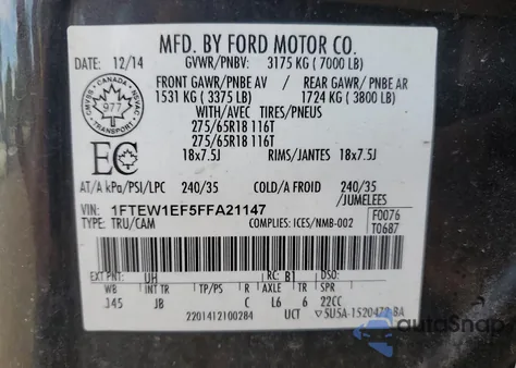 2015 Ford F150 Supercrew из США, поврежденный, VIN 1FTEW1EF5FFA21147